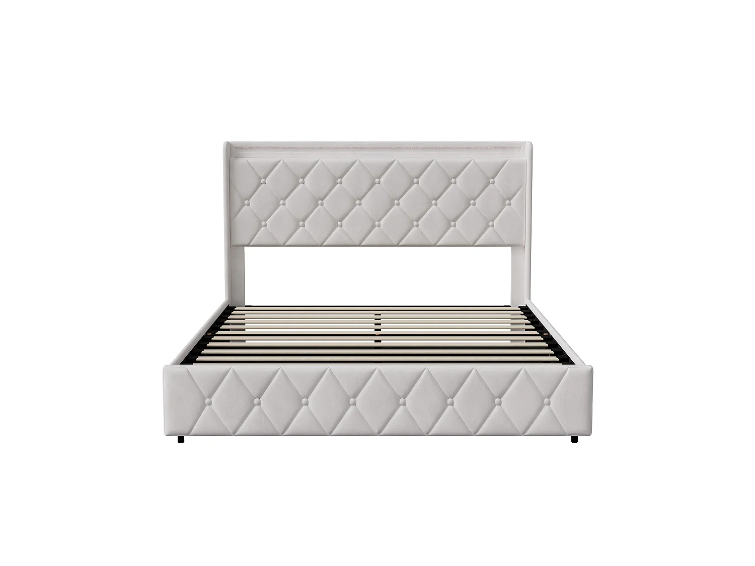 Lit Coffre 160x200 cm avec LED et USB, Lit Double Rembourré avec Rangement Hydraulique, Cadre de Lit Adulte avec Tête de Lit, Étagères Ouvertes, Beige