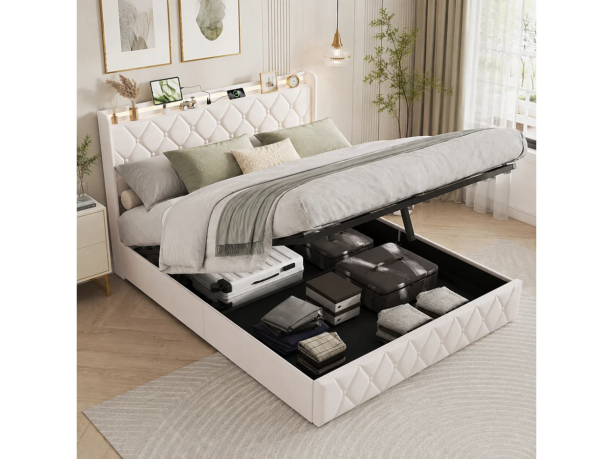 Lit Coffre 160x200 cm avec LED et USB, Lit Double Rembourré avec Rangement Hydraulique, Cadre de Lit Adulte avec Tête de Lit, Étagères Ouvertes, Beige