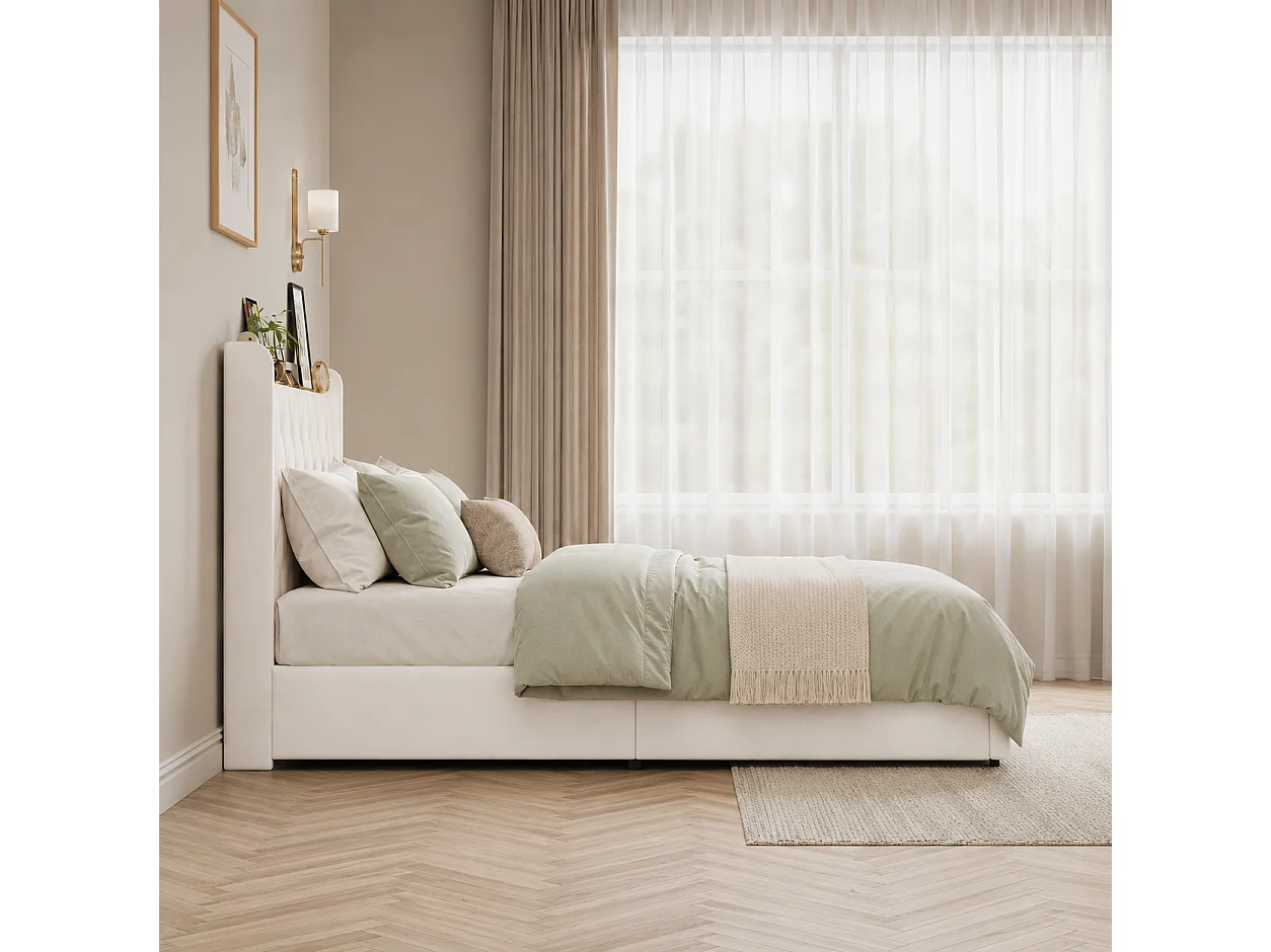 Lit Coffre 160x200 cm avec LED et USB, Lit Double Rembourré avec Rangement Hydraulique, Cadre de Lit Adulte avec Tête de Lit, Étagères Ouvertes, Beige