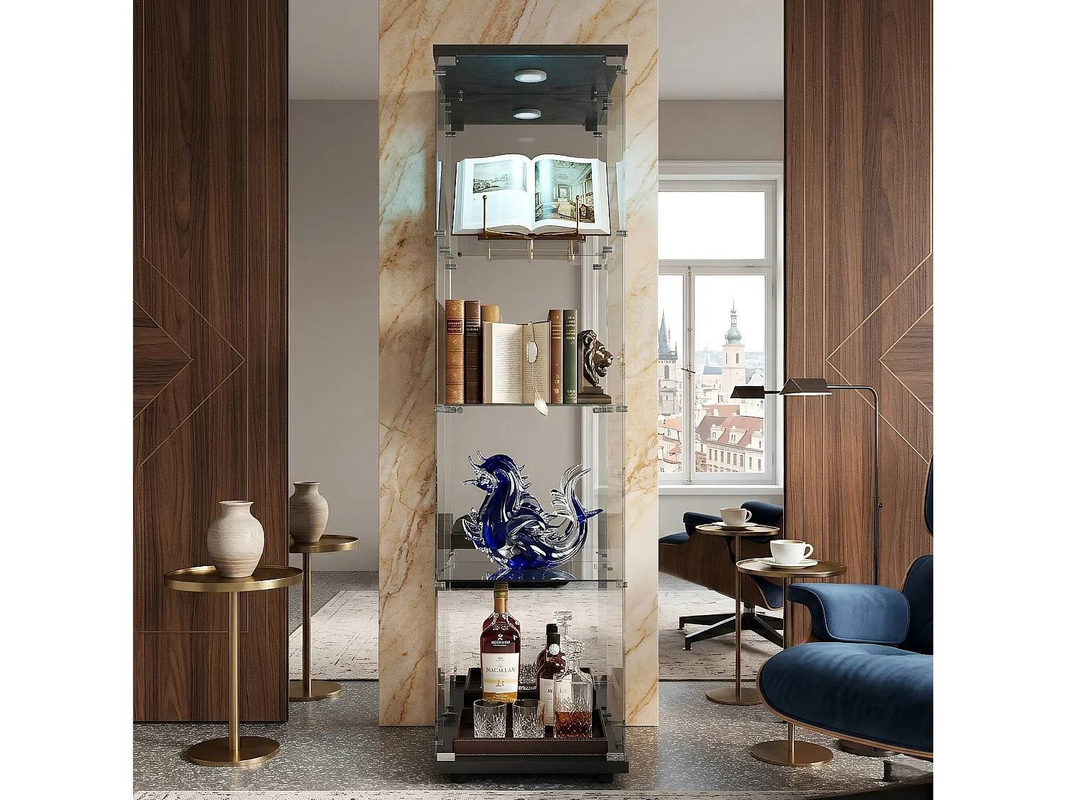 DreamMespace Vitrine Verre Trempé 42.5x36.5x164 cm - Meuble de Rangement 4 Niveaux avec Miroir & LED, Noir