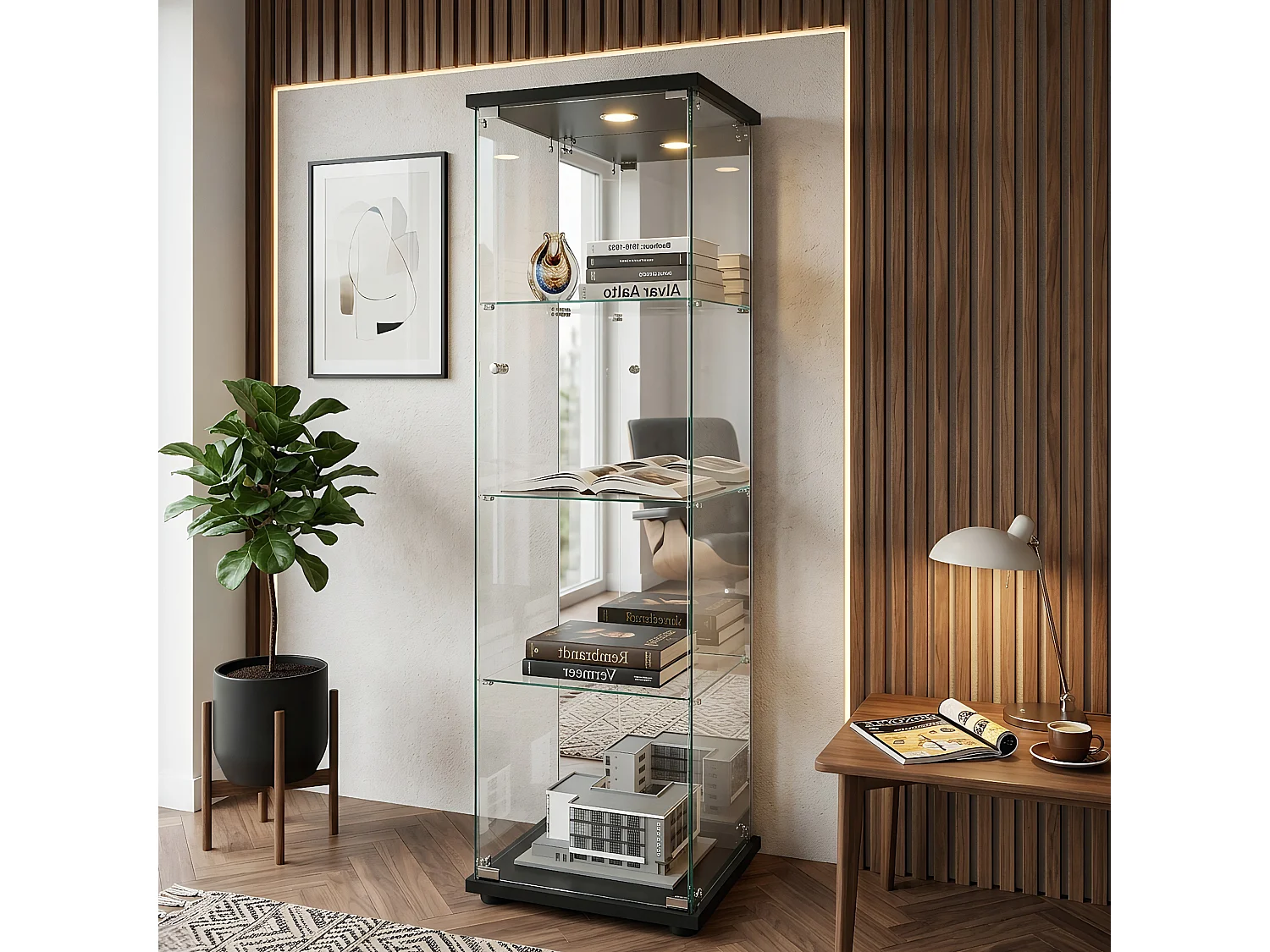 DreamMespace Vitrine Verre Trempé 42.5x36.5x164 cm - Meuble de Rangement 4 Niveaux avec Miroir & LED, Noir