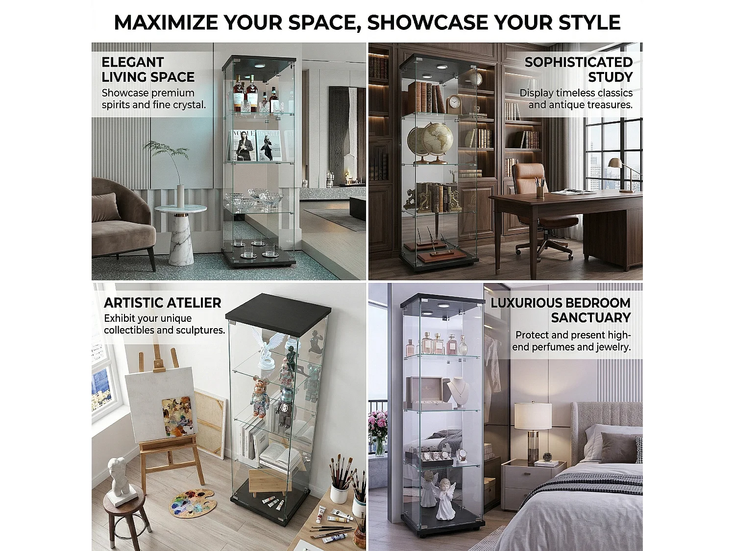 DreamMespace Vitrine Verre Trempé 42.5x36.5x164 cm - Meuble de Rangement 4 Niveaux avec Miroir & LED, Noir