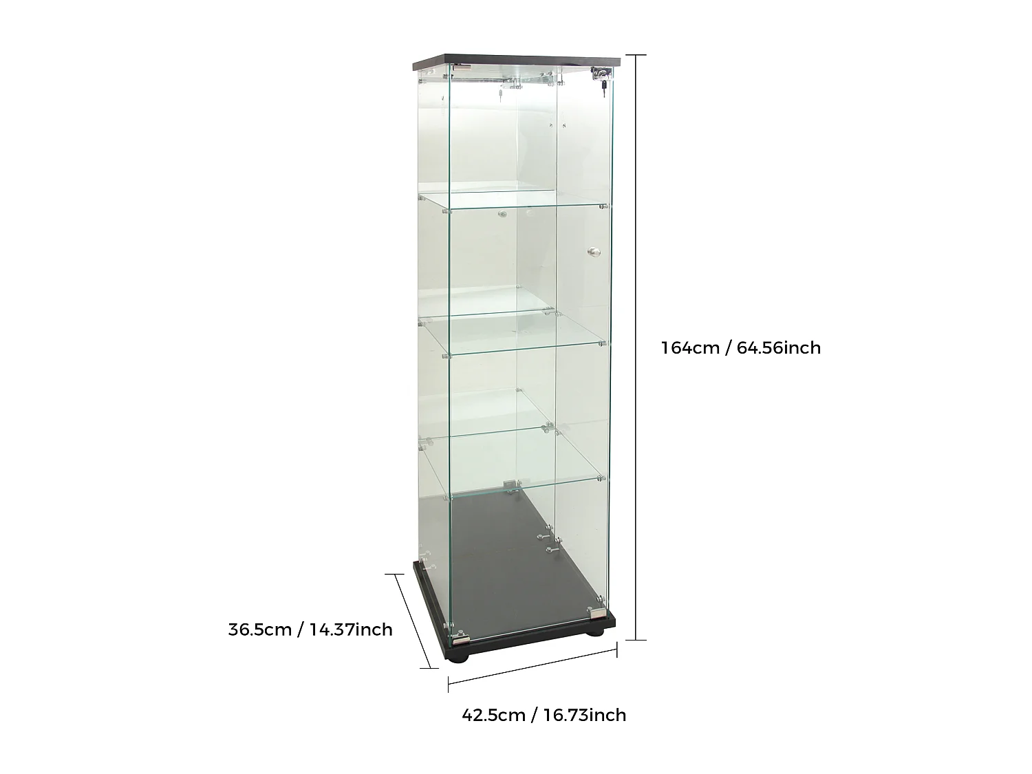 DreamMespace Vitrine Verre Trempé 42.5x36.5x164 cm - Meuble de Rangement 4 Niveaux avec Miroir & LED, Noir