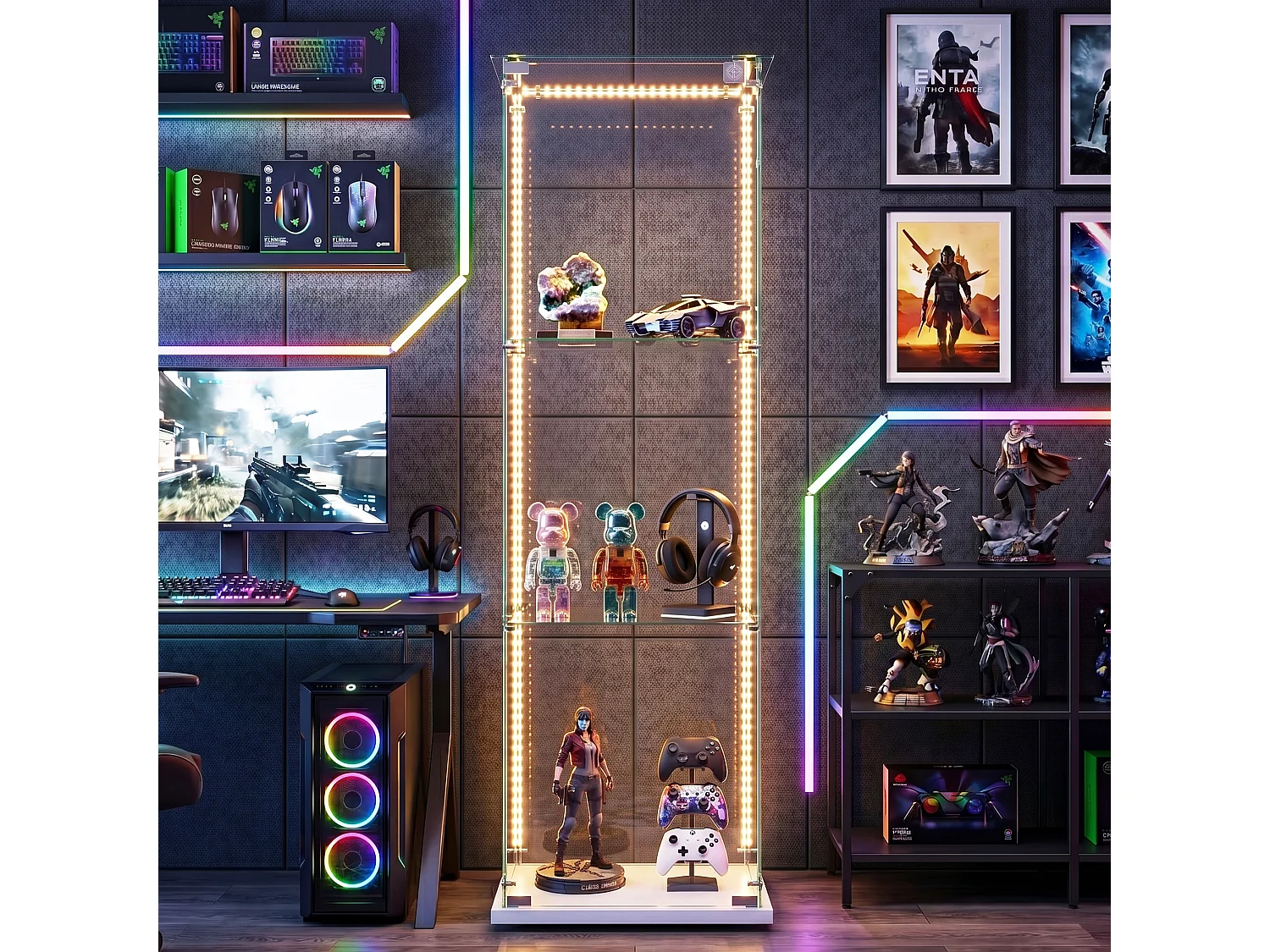 DreamMespace Vitrine Verre Trempé 39.8x35x123.3 cm - Meuble de Rangement 3 Niveaux avec Ruban LED RGB & Clé, Blanc