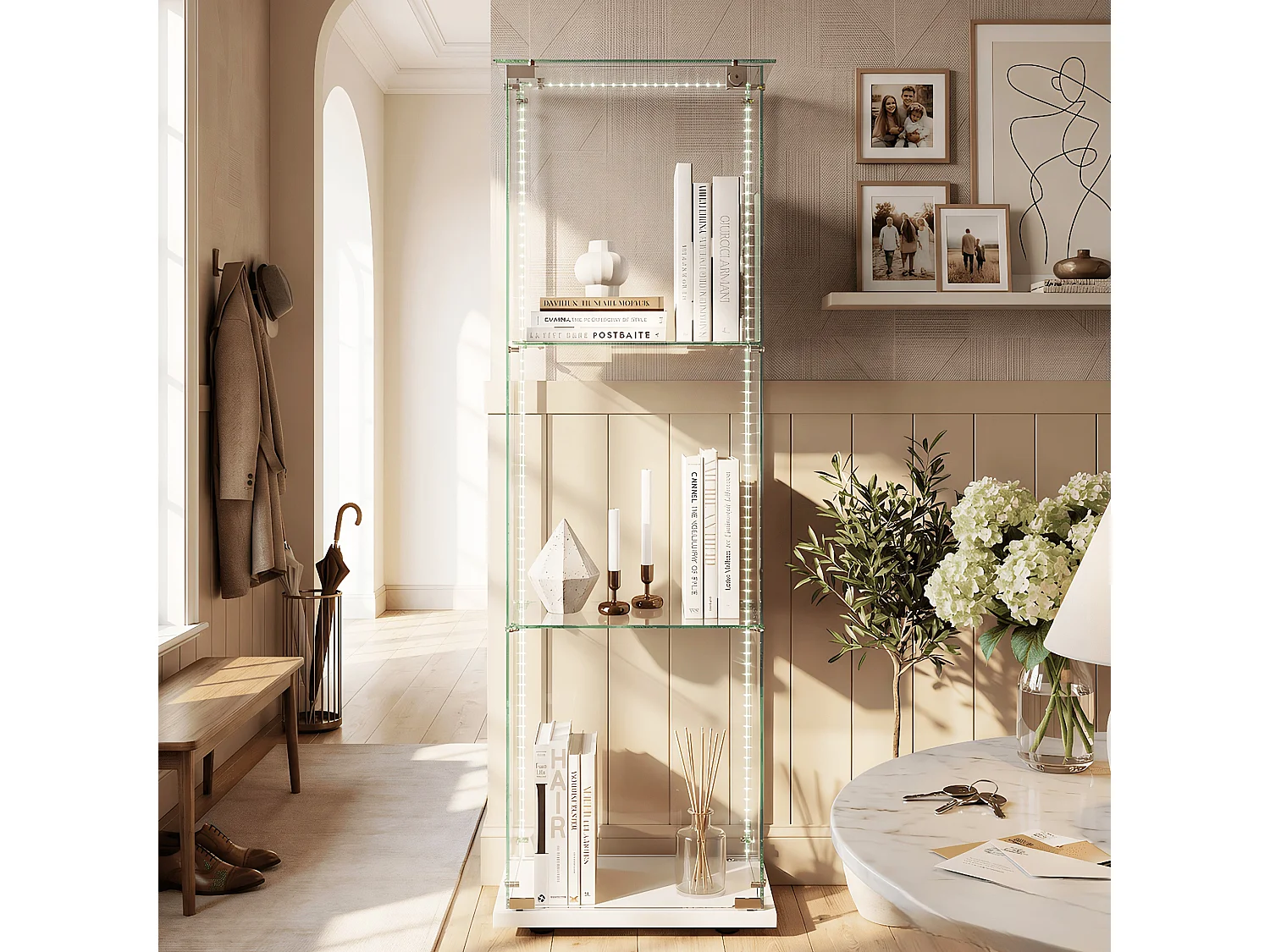 DreamMespace Vitrine Verre Trempé 39.8x35x123.3 cm - Meuble de Rangement 3 Niveaux avec Ruban LED RGB & Clé, Blanc