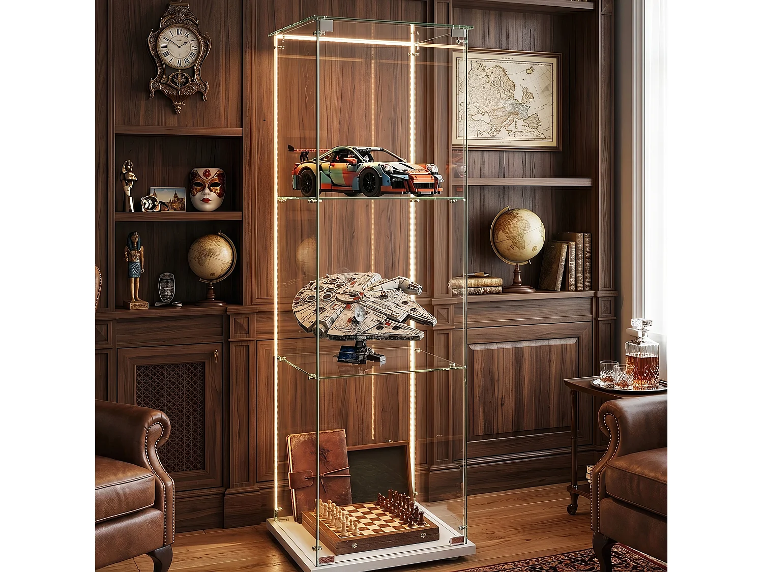 DreamMespace Vitrine Verre Trempé 39.8x35x123.3 cm - Meuble de Rangement 3 Niveaux avec Ruban LED RGB & Clé, Blanc