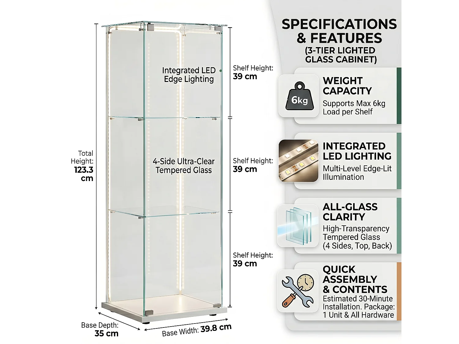DreamMespace Vitrine Verre Trempé 39.8x35x123.3 cm - Meuble de Rangement 3 Niveaux avec Ruban LED RGB & Clé, Blanc