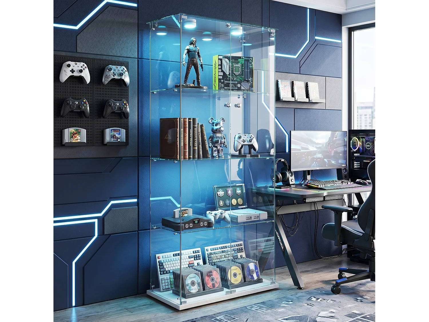 DreamMespace Vitrine Verre Trempé 78.5x35x163 cm - Meuble de Rangement Double Porte 4 Niveaux avec Spot LED, Blanc