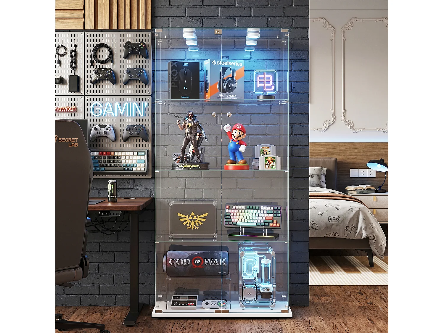 DreamMespace Vitrine Verre Trempé 78.5x35x163 cm - Meuble de Rangement Double Porte 4 Niveaux avec Spot LED, Blanc