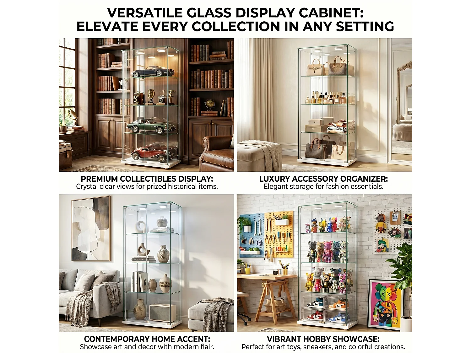 DreamMespace Vitrine Verre Trempé 78.5x35x163 cm - Meuble de Rangement Double Porte 4 Niveaux avec Spot LED, Blanc
