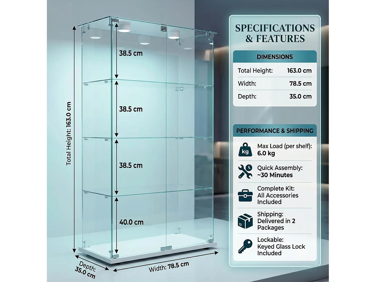 DreamMespace Vitrine Verre Trempé 78.5x35x163 cm - Meuble de Rangement Double Porte 4 Niveaux avec Spot LED, Blanc