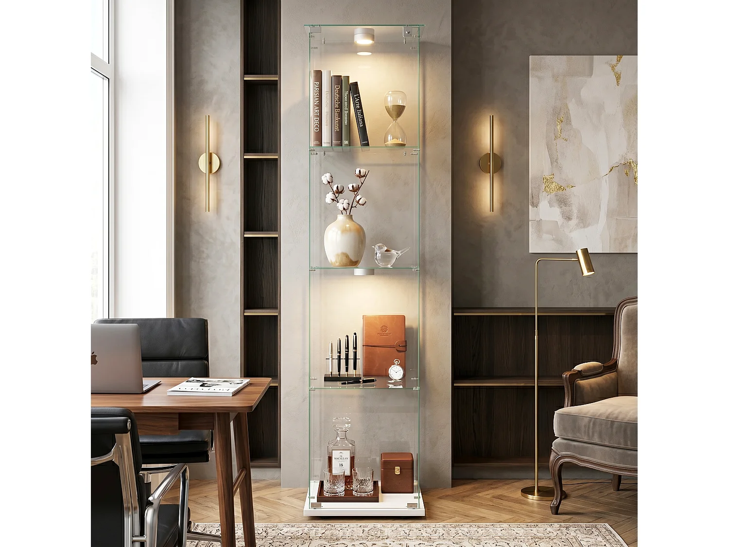 DreamMespace Vitrine Verre Trempé 39.8x35x163 cm - Meuble de Rangement 4 Niveaux avec Spot LED & Clé, Blanc