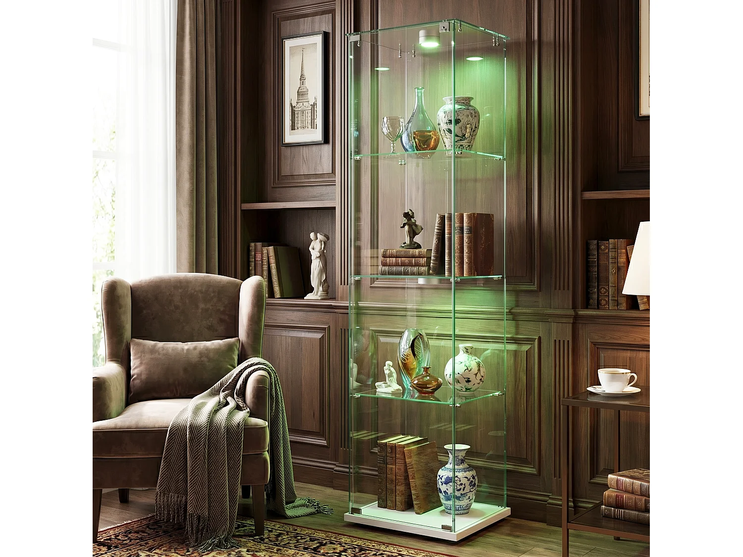 DreamMespace Vitrine Verre Trempé 39.8x35x163 cm - Meuble de Rangement 4 Niveaux avec Spot LED & Clé, Blanc
