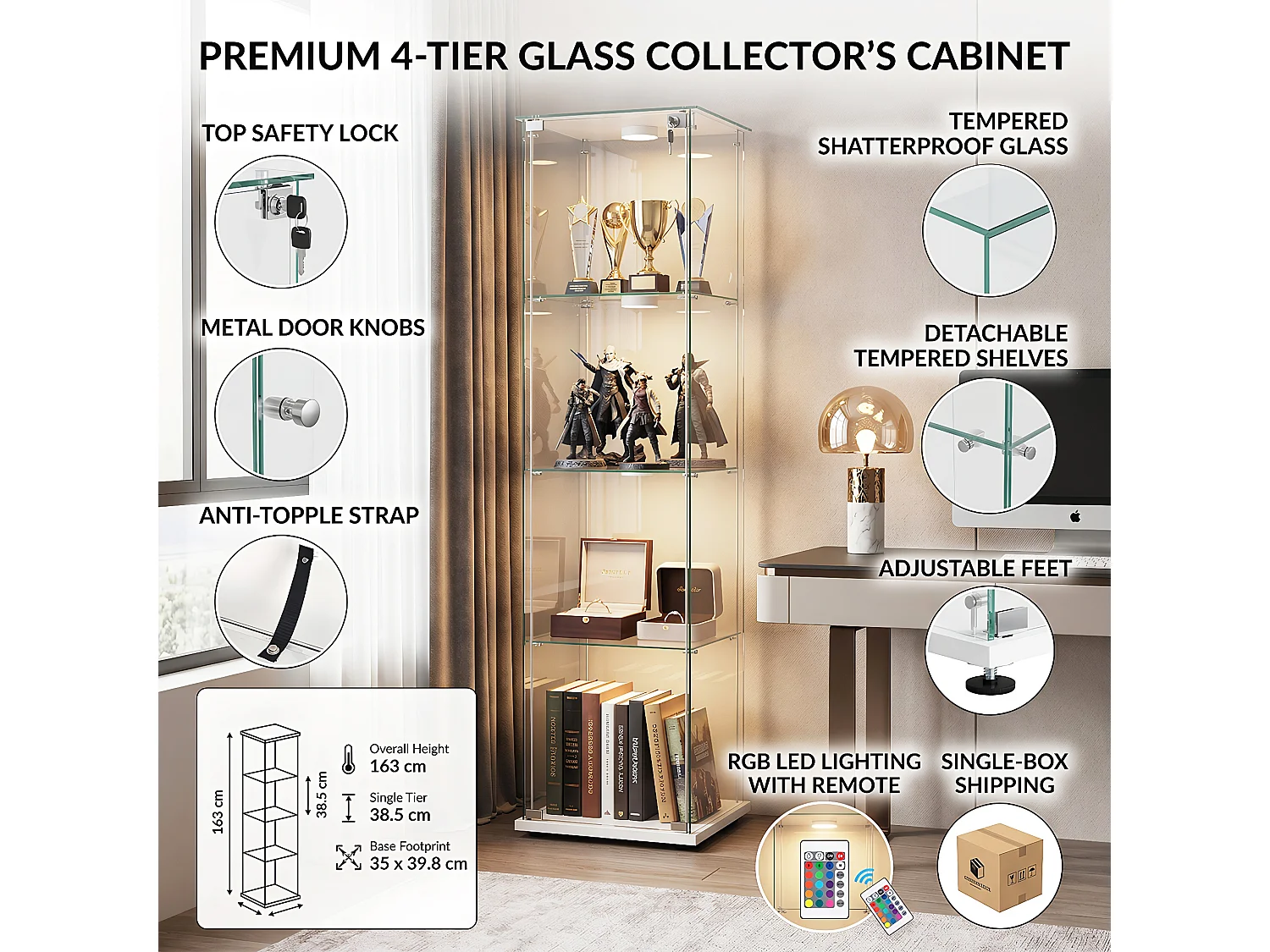 DreamMespace Vitrine Verre Trempé 39.8x35x163 cm - Meuble de Rangement 4 Niveaux avec Spot LED & Clé, Blanc