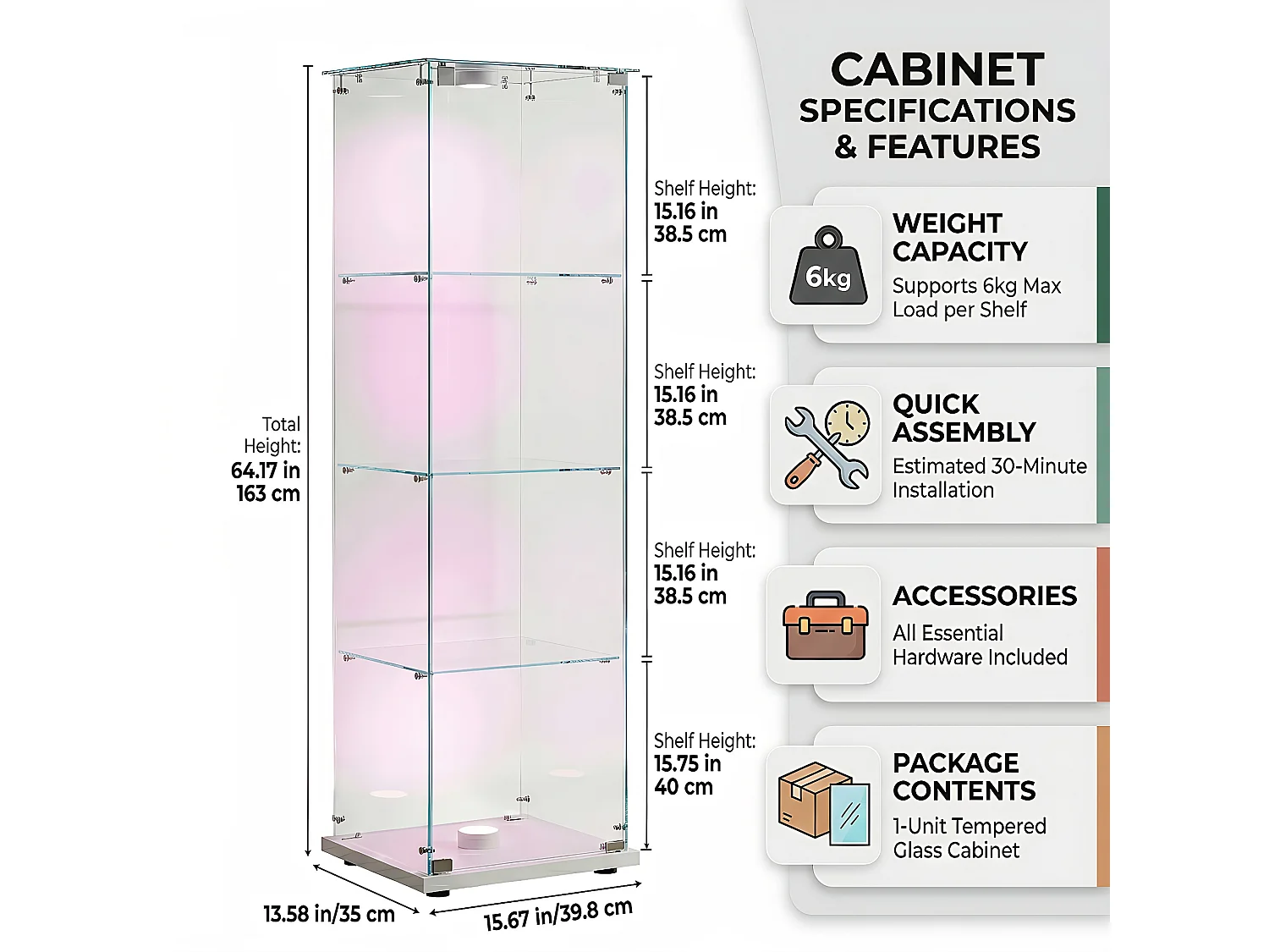 DreamMespace Vitrine Verre Trempé 39.8x35x163 cm - Meuble de Rangement 4 Niveaux avec Spot LED & Clé, Blanc