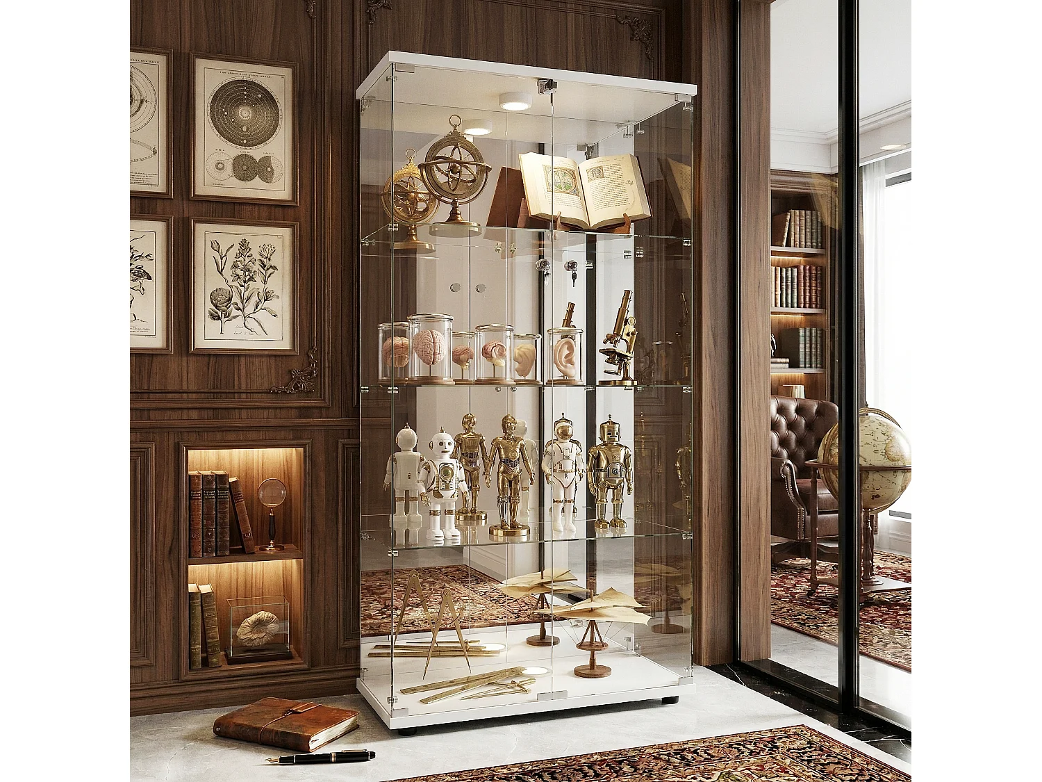 DreamMespace Vitrine Verre Trempé 80.5x36.5x164 cm - Meuble de Rangement Double Porte Miroir & LED, Blanc