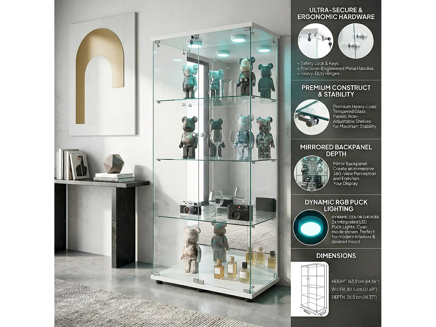 DreamMespace Vitrine Verre Trempé 80.5x36.5x164 cm - Meuble de Rangement Double Porte Miroir & LED, Blanc