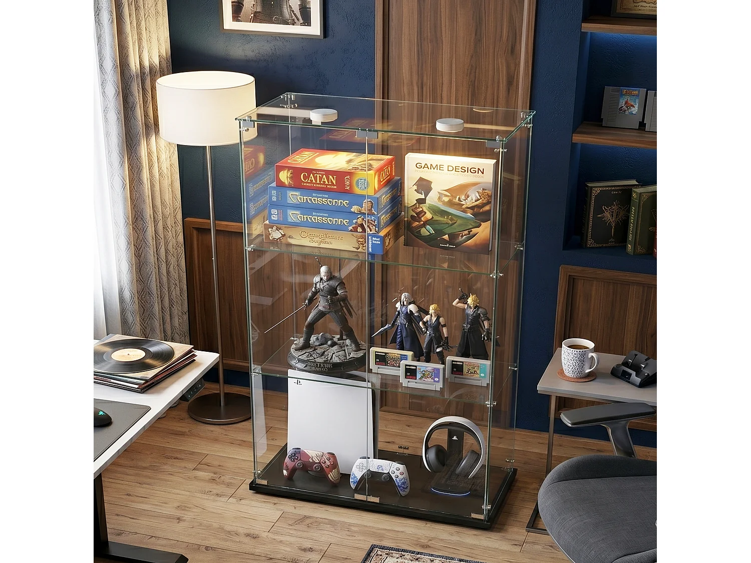 DreamMespace Vitrine Verre Trempé 78.5x35x123.3 cm - Meuble de Rangement Double Porte 3 Niveaux avec Spot LED, Noir