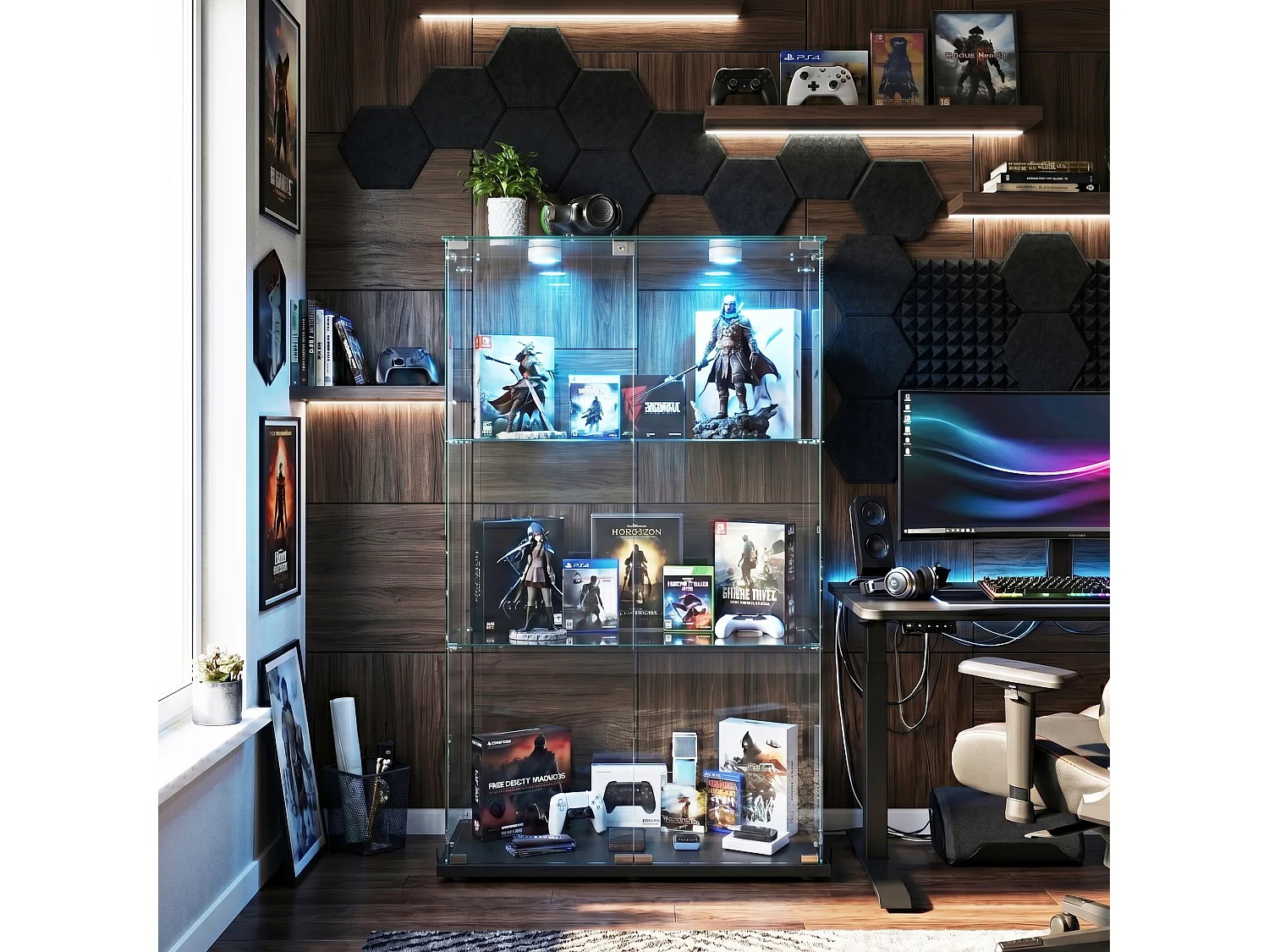 DreamMespace Vitrine Verre Trempé 78.5x35x123.3 cm - Meuble de Rangement Double Porte 3 Niveaux avec Spot LED, Noir