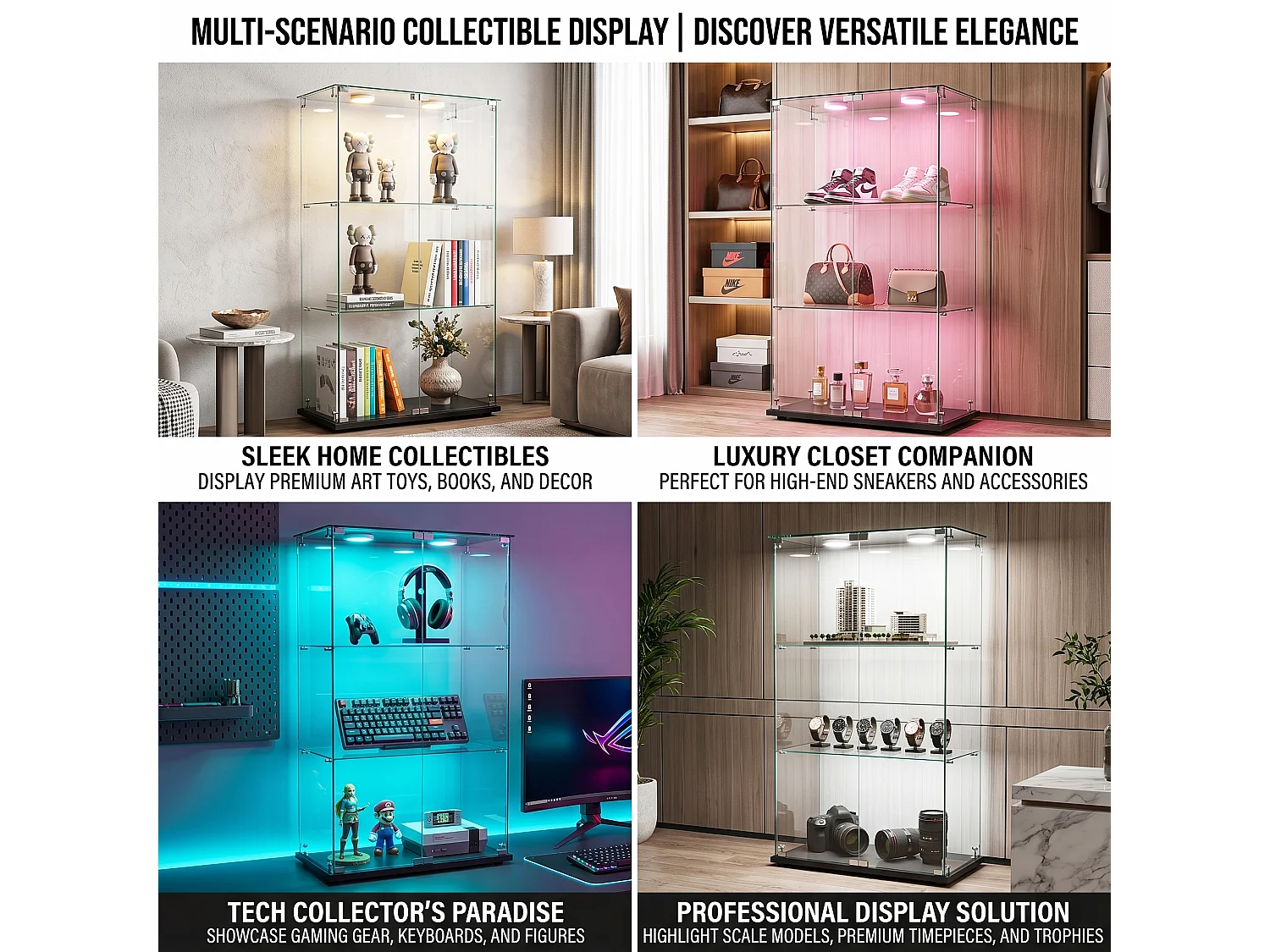 DreamMespace Vitrine Verre Trempé 78.5x35x123.3 cm - Meuble de Rangement Double Porte 3 Niveaux avec Spot LED, Noir