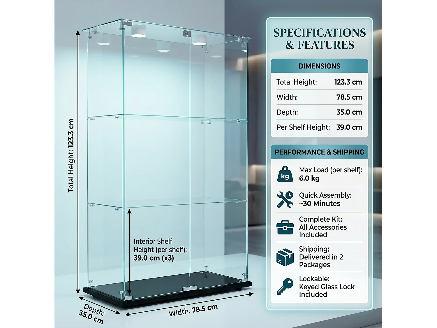 DreamMespace Vitrine Verre Trempé 78.5x35x123.3 cm - Meuble de Rangement Double Porte 3 Niveaux avec Spot LED, Noir