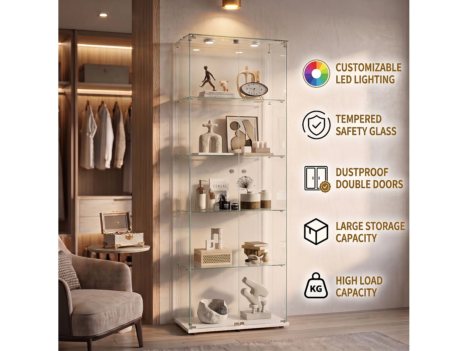 DreamMespace Vitrine d'Exposition en Verre Trempé 80.6x36.5x183 cm - Meuble de Rangement 5 Niveaux avec Spots LED Push & Serrure à Clé, Socle Blanc