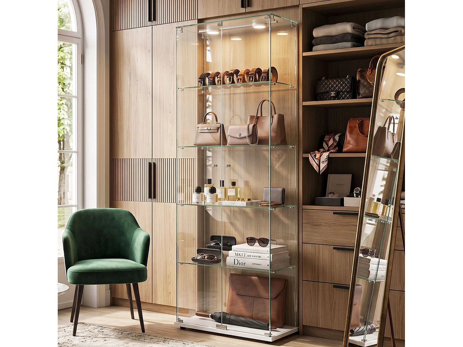 DreamMespace Vitrine d'Exposition en Verre Trempé 80.6x36.5x183 cm - Meuble de Rangement 5 Niveaux avec Spots LED Push & Serrure à Clé, Socle Blanc