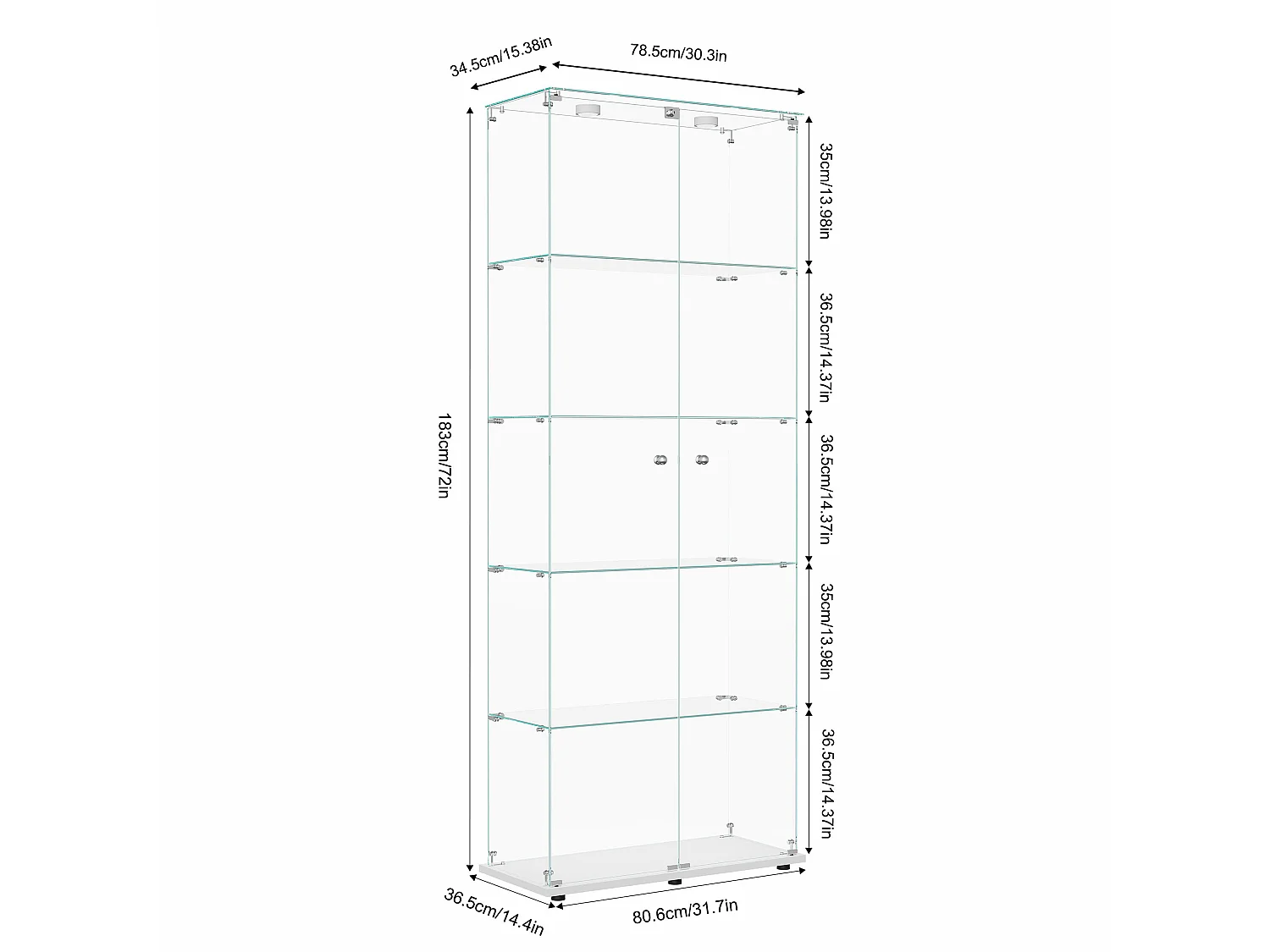 DreamMespace Vitrine d'Exposition en Verre Trempé 80.6x36.5x183 cm - Meuble de Rangement 5 Niveaux avec Spots LED Push & Serrure à Clé, Socle Blanc