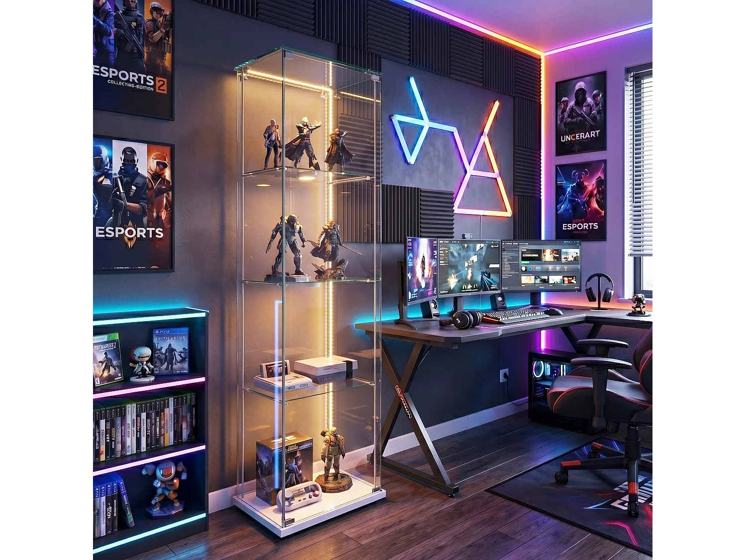 DreamMespace Vitrine Verre Trempé 39.8x35x163 cm - Meuble de Rangement 4 Niveaux avec Ruban LED RGB & Clé, Blanc