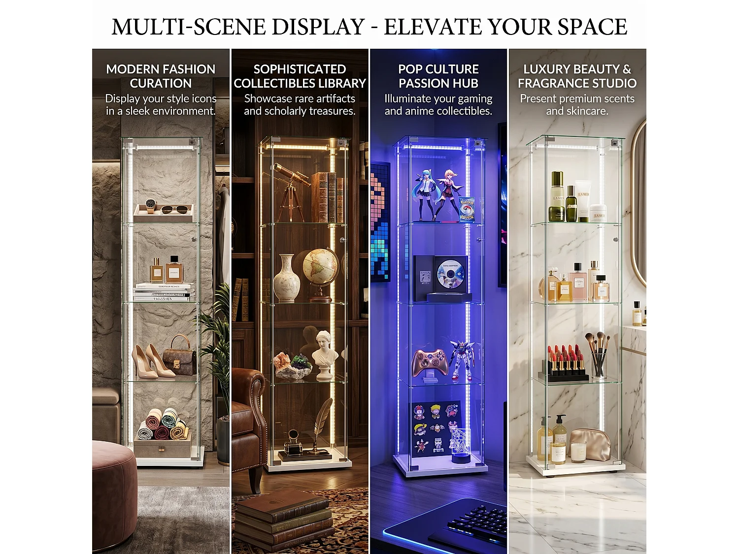 DreamMespace Vitrine Verre Trempé 39.8x35x163 cm - Meuble de Rangement 4 Niveaux avec Ruban LED RGB & Clé, Blanc
