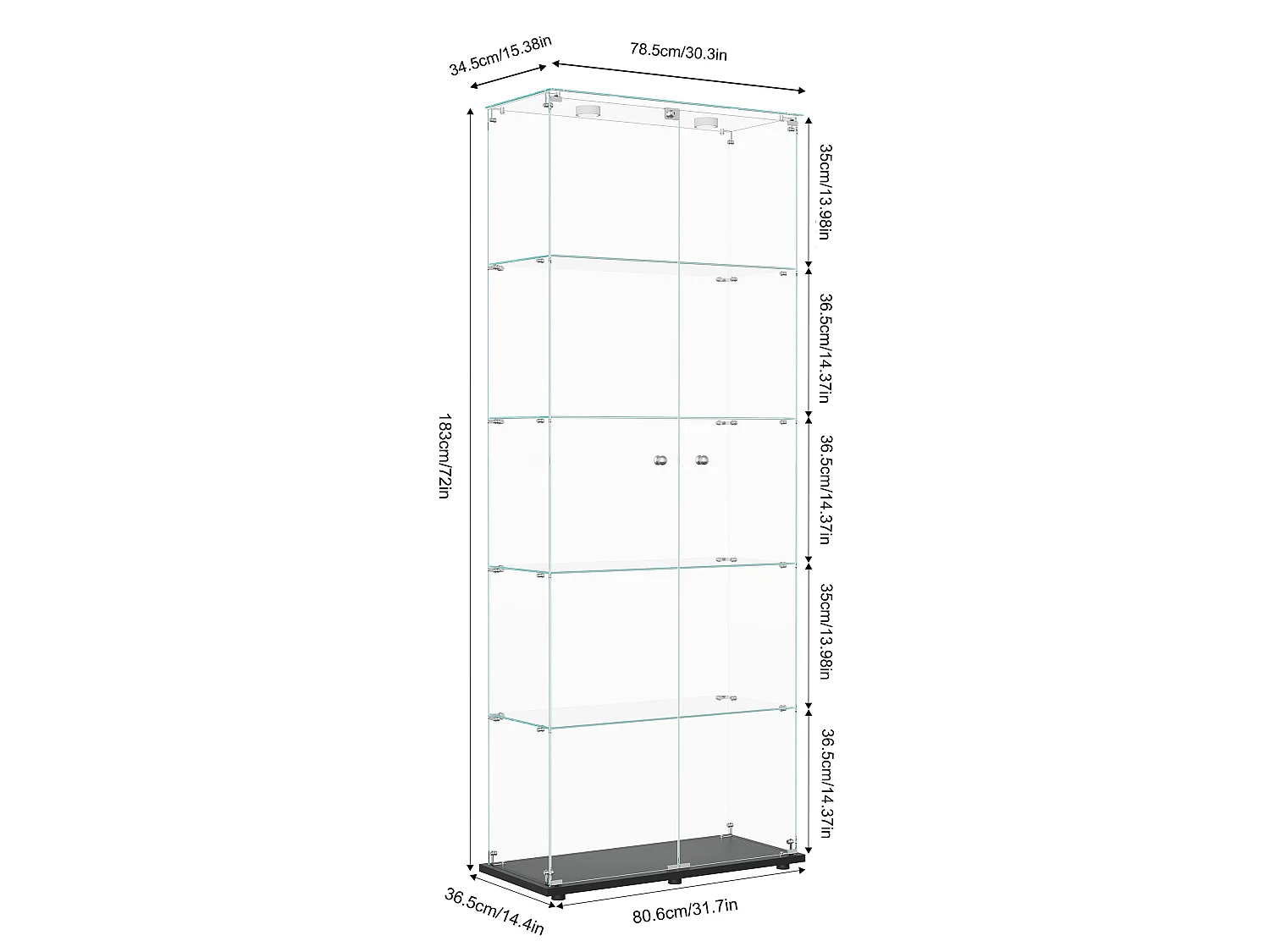 DreamMespace Vitrine d'Exposition en Verre Trempé 80.6x36.5x183 cm - Meuble de Rangement 5 Niveaux avec Spots LED Push & Serrure à Clé, Socle Noir