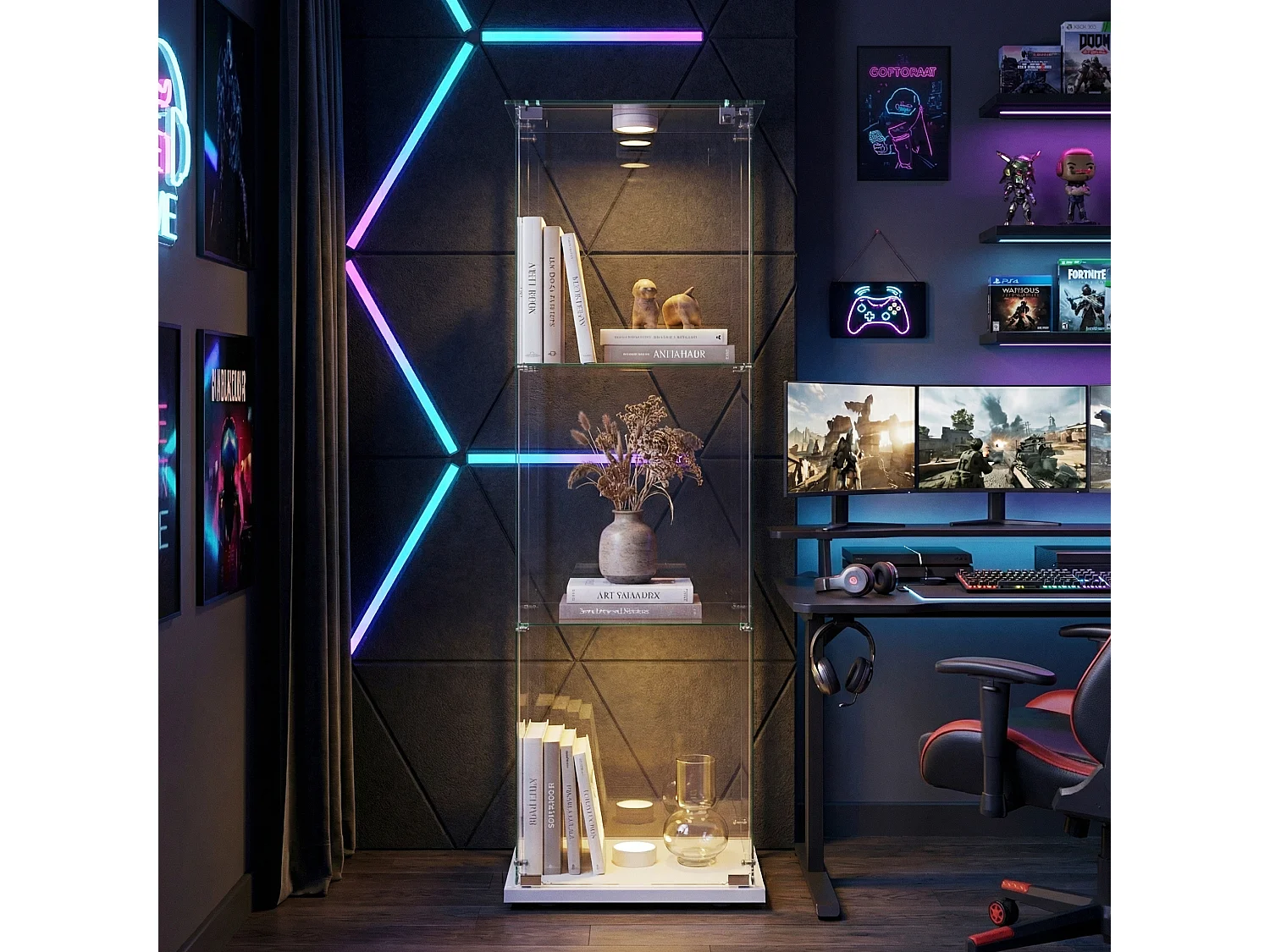 DreamMespace Vitrine Verre Trempé 39.8x35x123.3 cm - Meuble de Rangement 3 Niveaux avec Spot LED & Clé, Blanc
