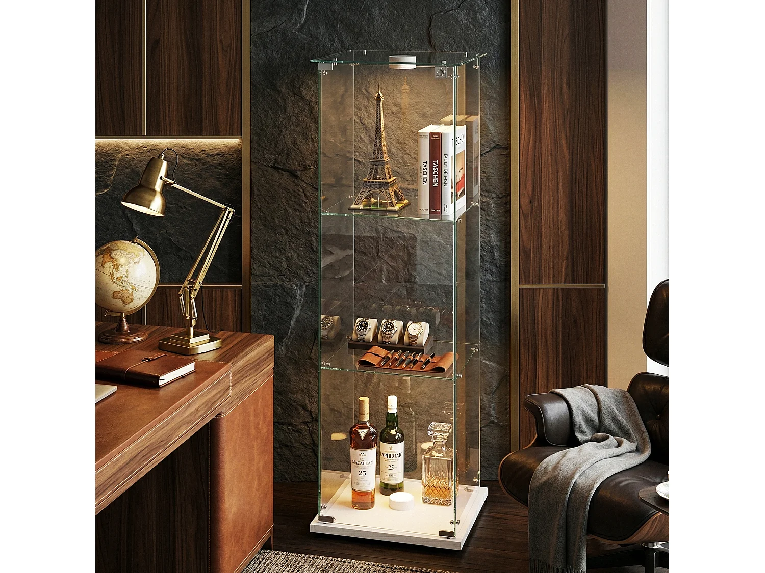 DreamMespace Vitrine Verre Trempé 39.8x35x123.3 cm - Meuble de Rangement 3 Niveaux avec Spot LED & Clé, Blanc