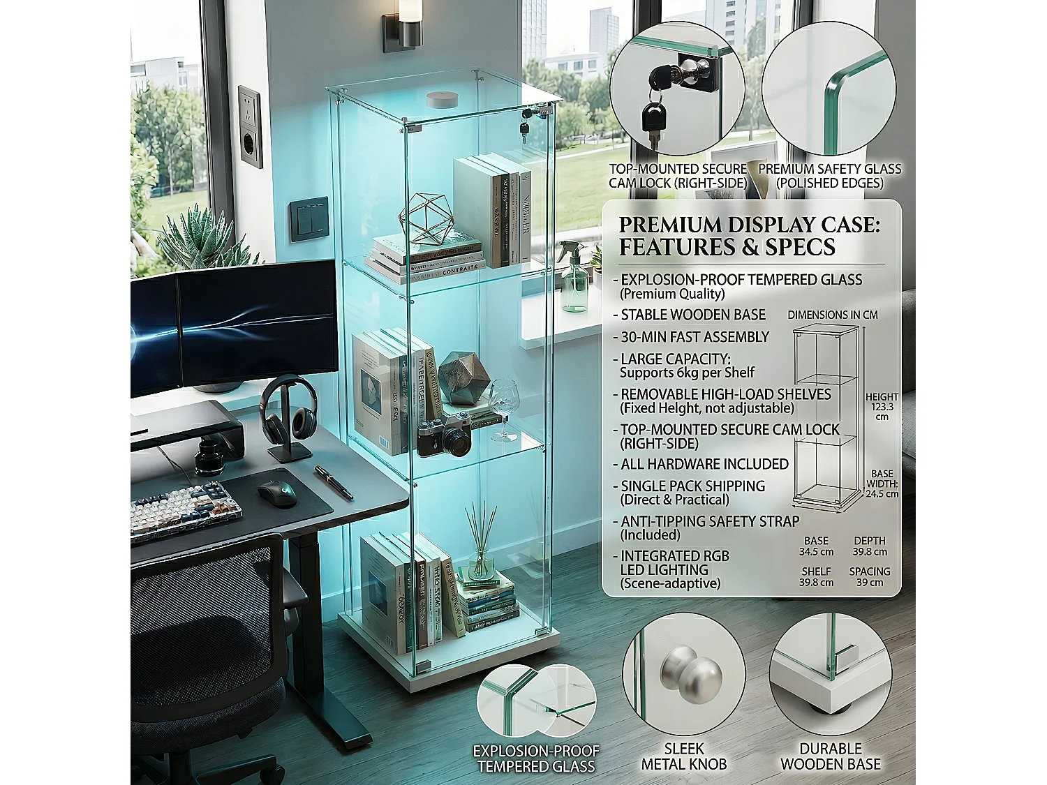 DreamMespace Vitrine Verre Trempé 39.8x35x123.3 cm - Meuble de Rangement 3 Niveaux avec Spot LED & Clé, Blanc