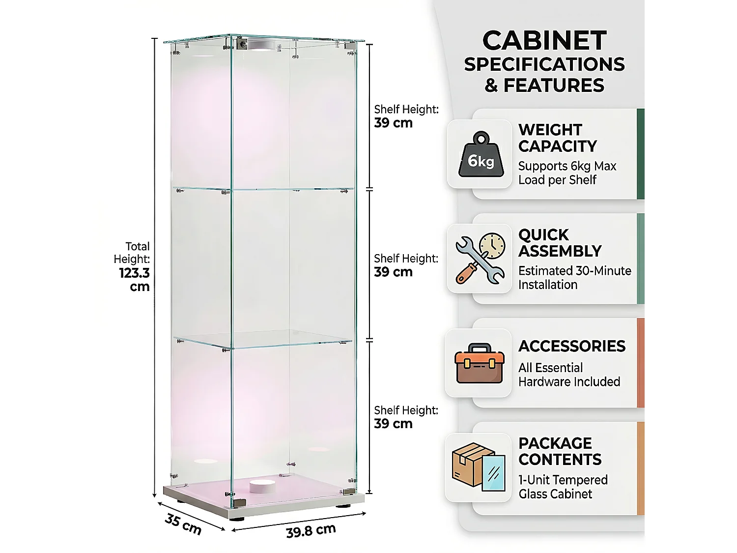DreamMespace Vitrine Verre Trempé 39.8x35x123.3 cm - Meuble de Rangement 3 Niveaux avec Spot LED & Clé, Blanc