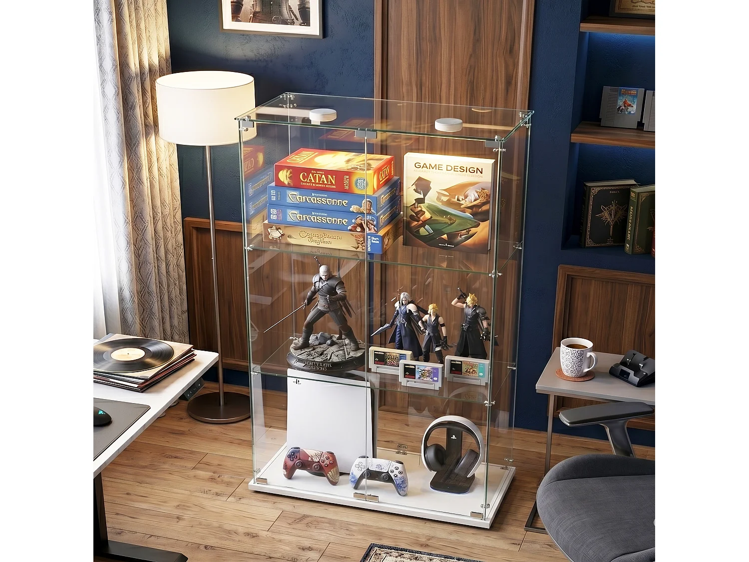 DreamMespace Vitrine Verre Trempé 78.5x35x123.3 cm - Meuble de Rangement Double Porte 3 Niveaux avec Spot LED, Blanc