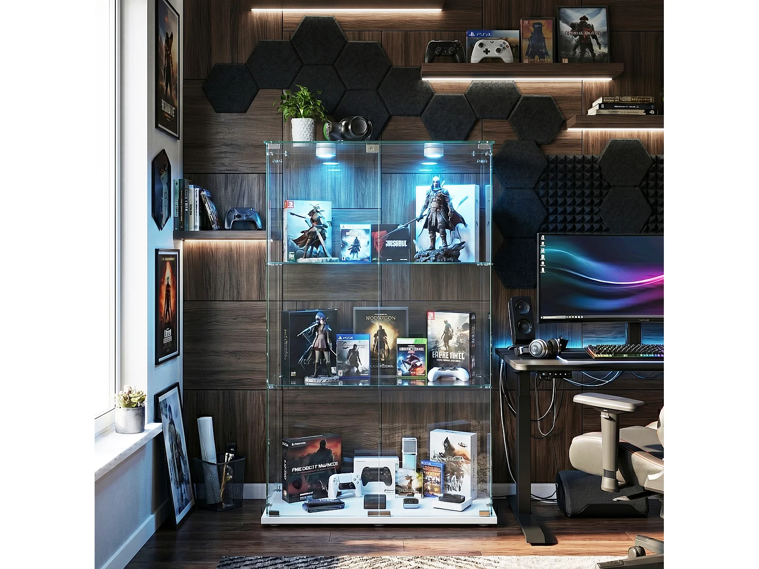 DreamMespace Vitrine Verre Trempé 78.5x35x123.3 cm - Meuble de Rangement Double Porte 3 Niveaux avec Spot LED, Blanc