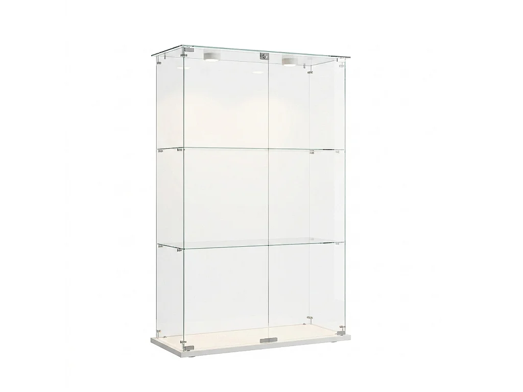 DreamMespace Vitrine Verre Trempé 78.5x35x123.3 cm - Meuble de Rangement Double Porte 3 Niveaux avec Spot LED, Blanc