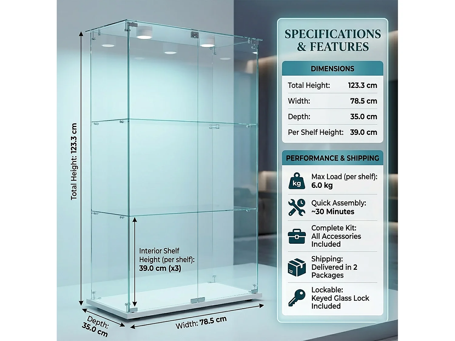 DreamMespace Vitrine Verre Trempé 78.5x35x123.3 cm - Meuble de Rangement Double Porte 3 Niveaux avec Spot LED, Blanc
