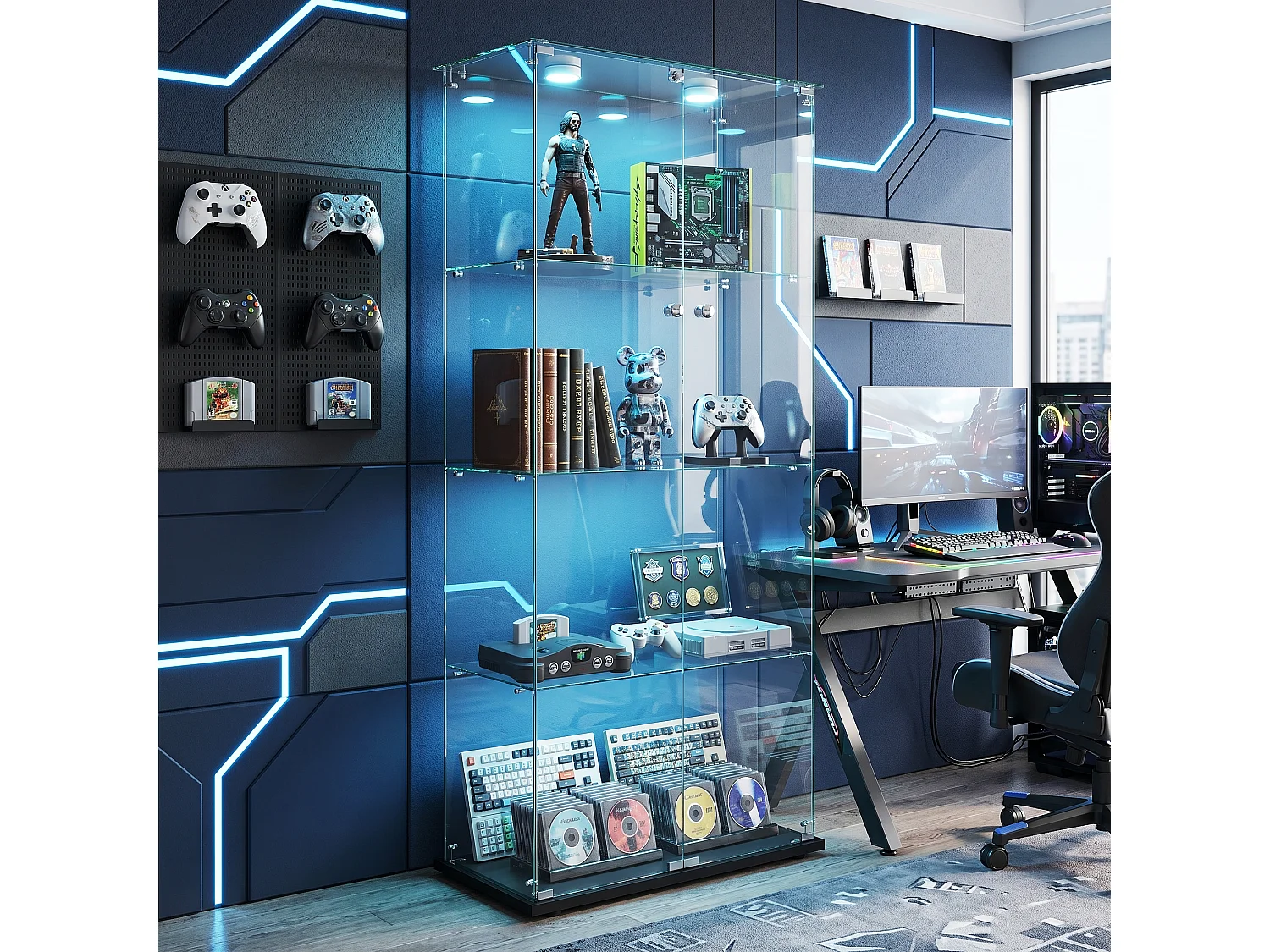 DreamMespace Vitrine Verre Trempé 78.5x35x163 cm - Meuble de Rangement Double Porte 4 Niveaux avec Spot LED, Noir