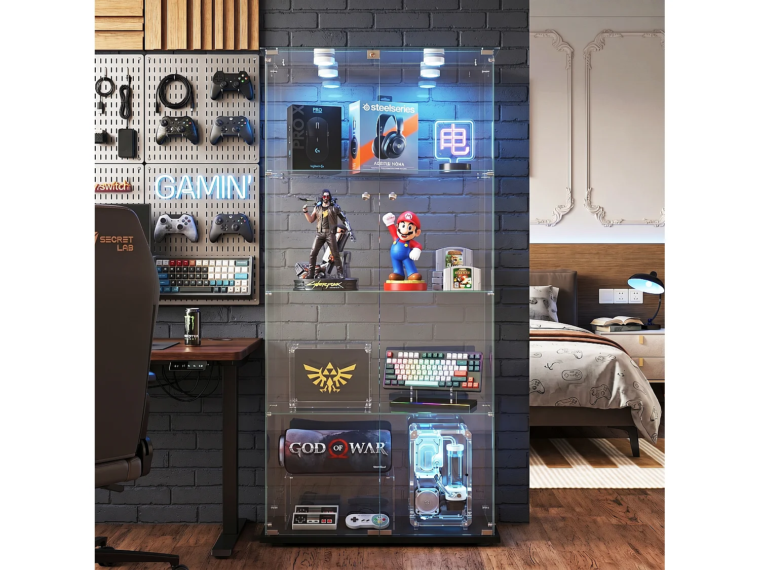 DreamMespace Vitrine Verre Trempé 78.5x35x163 cm - Meuble de Rangement Double Porte 4 Niveaux avec Spot LED, Noir