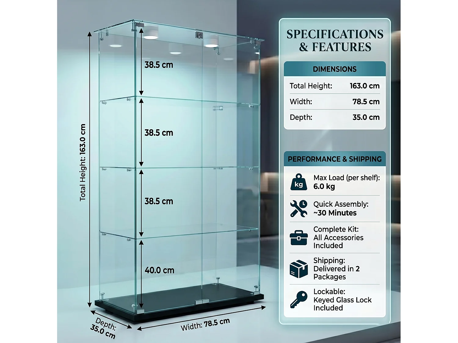 DreamMespace Vitrine Verre Trempé 78.5x35x163 cm - Meuble de Rangement Double Porte 4 Niveaux avec Spot LED, Noir