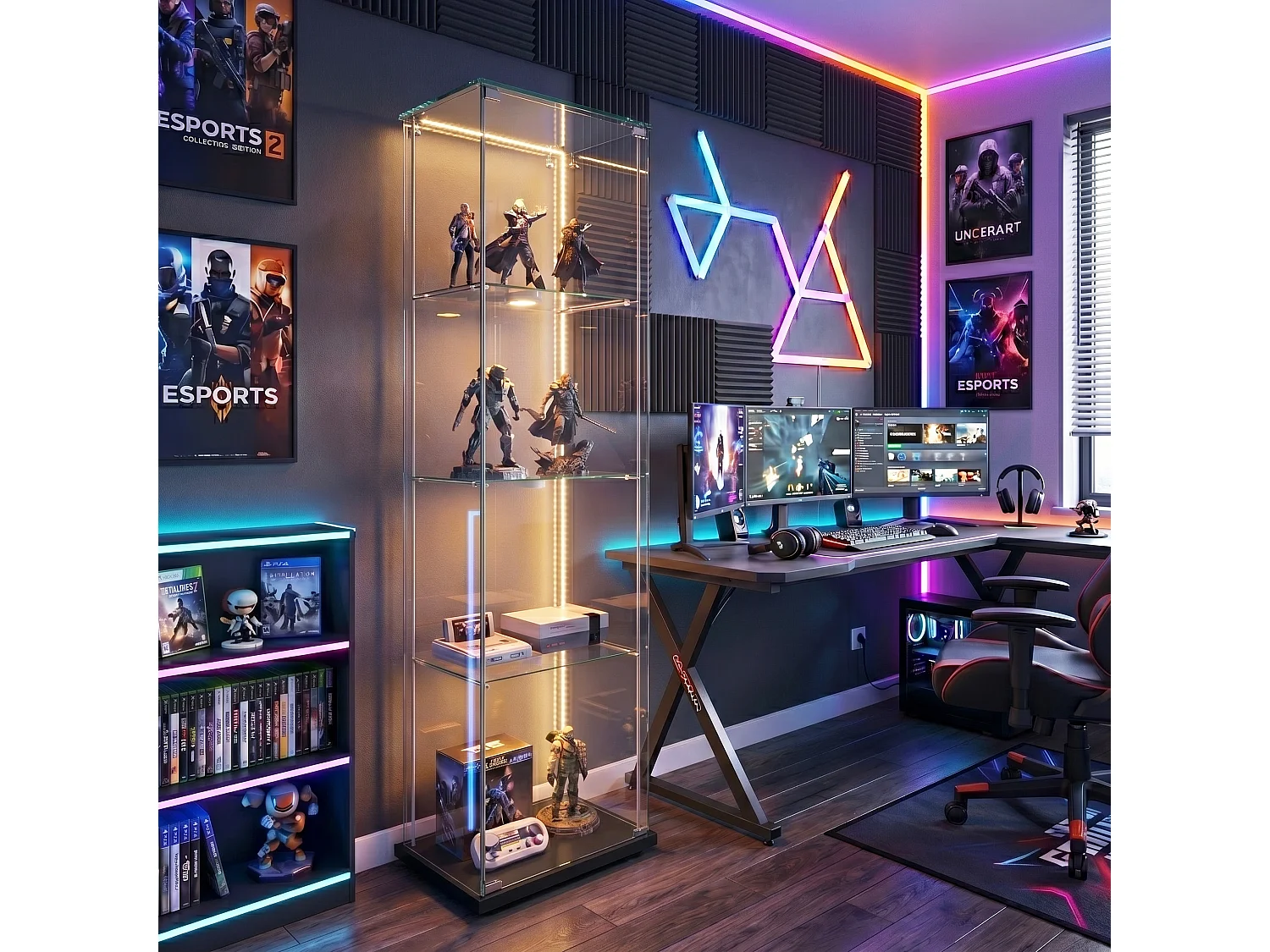 DreamMespace Vitrine Verre Trempé 39.8x35x163 cm - Meuble de Rangement 4 Niveaux avec Ruban LED RGB & Clé, Noir
