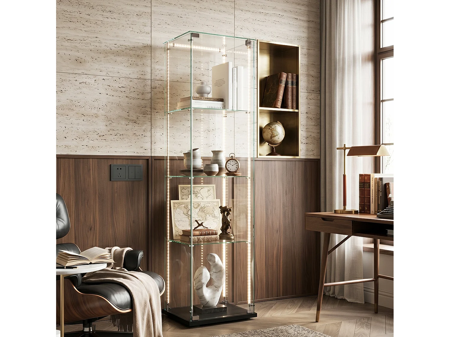 DreamMespace Vitrine Verre Trempé 39.8x35x163 cm - Meuble de Rangement 4 Niveaux avec Ruban LED RGB & Clé, Noir