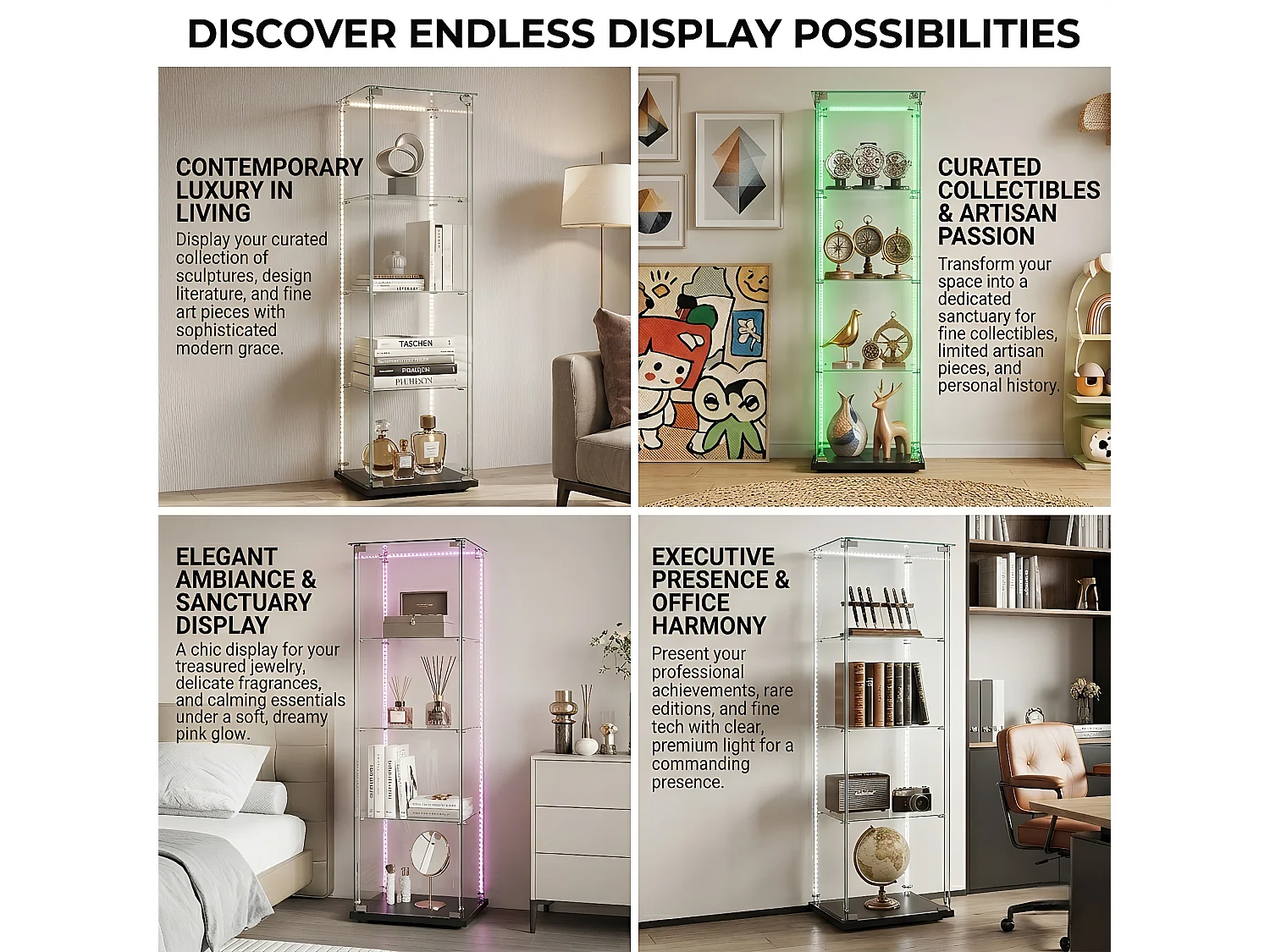 DreamMespace Vitrine Verre Trempé 39.8x35x163 cm - Meuble de Rangement 4 Niveaux avec Ruban LED RGB & Clé, Noir