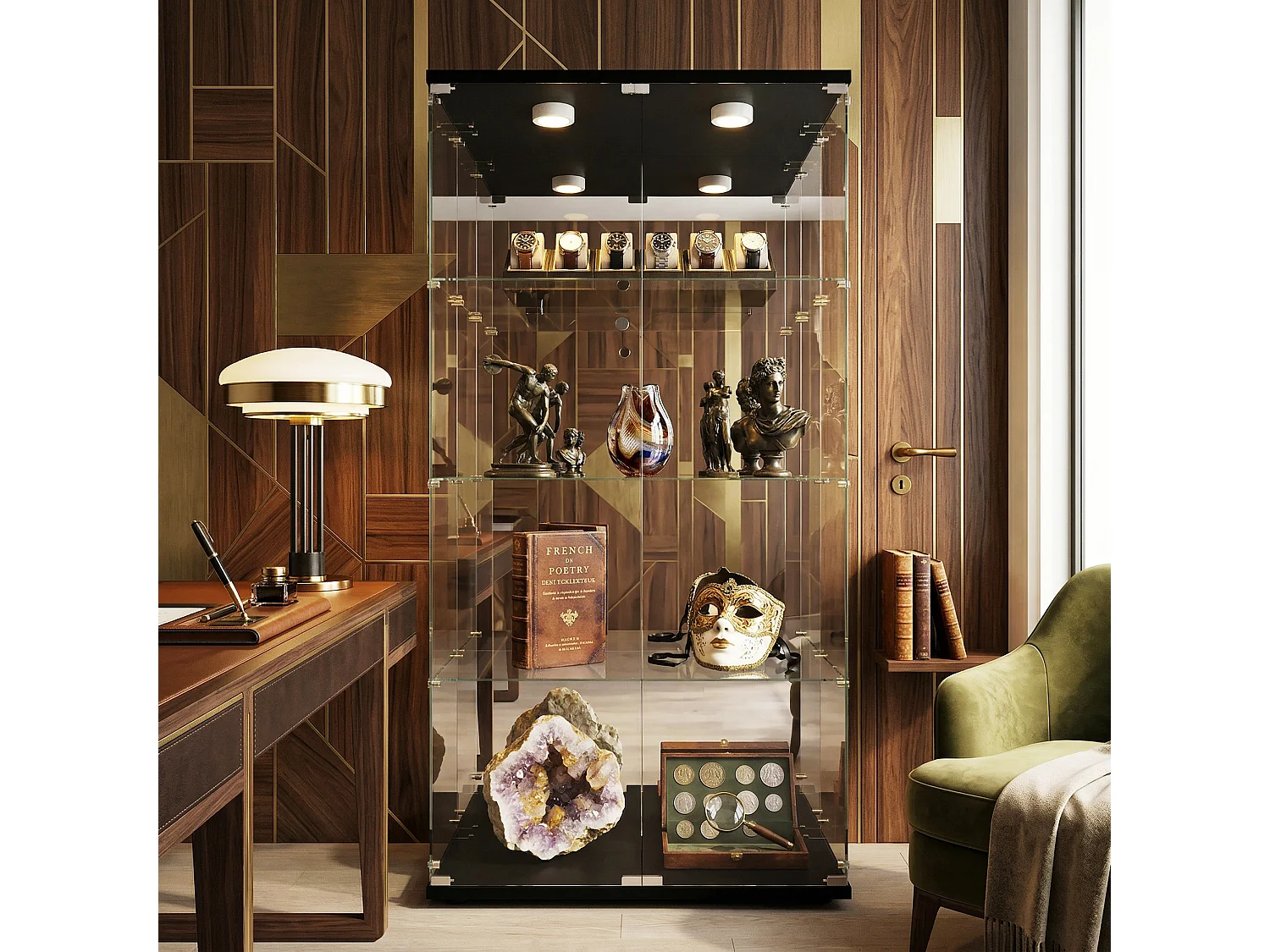 DreamMespace Vitrine Verre Trempé 80.5x36.5x164 cm - Meuble de Rangement Double Porte Miroir & LED, Noir
