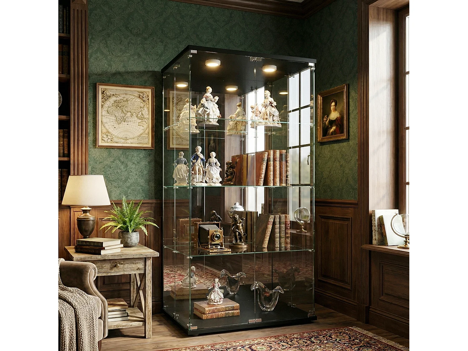 DreamMespace Vitrine Verre Trempé 80.5x36.5x164 cm - Meuble de Rangement Double Porte Miroir & LED, Noir