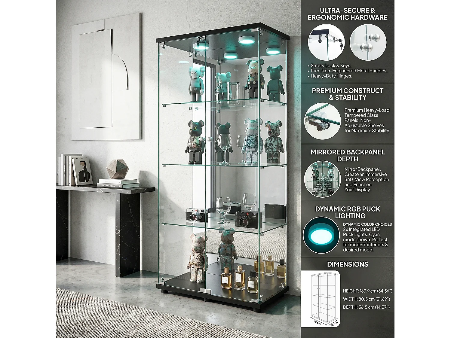 DreamMespace Vitrine Verre Trempé 80.5x36.5x164 cm - Meuble de Rangement Double Porte Miroir & LED, Noir