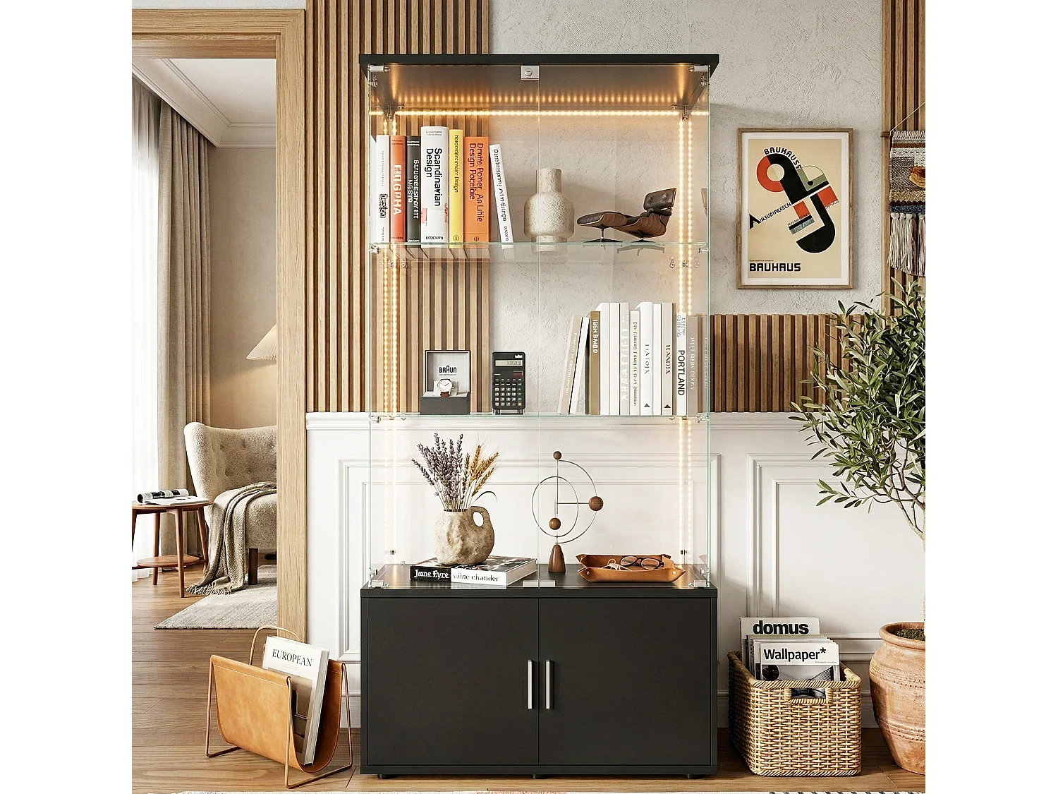 DreamMespace Vitrine Verre Trempé 78.5x35x164 cm - Meuble de Rangement 3 Niveaux avec Caisson & Ruban LED RGB, Noir