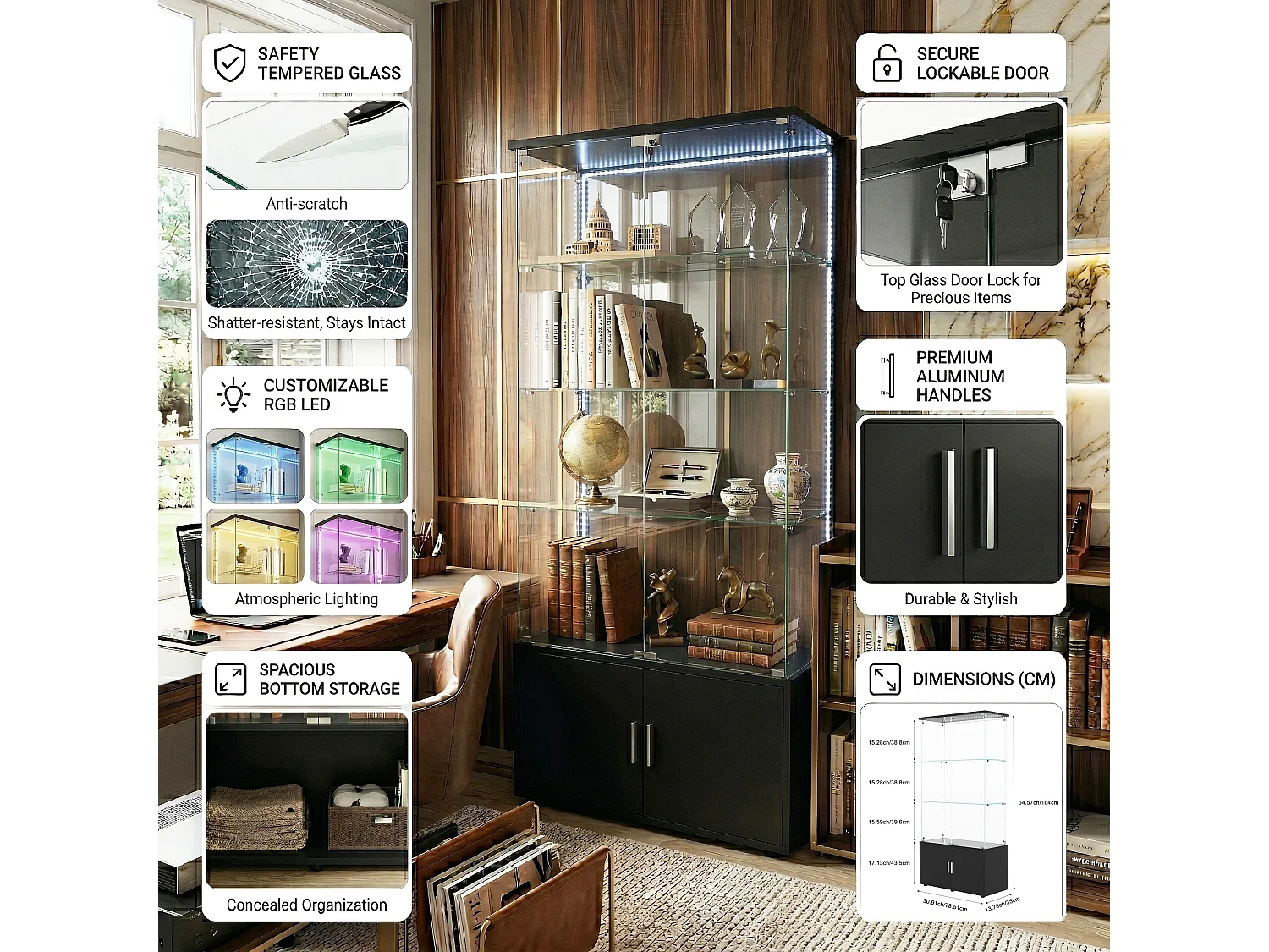 DreamMespace Vitrine Verre Trempé 78.5x35x164 cm - Meuble de Rangement 3 Niveaux avec Caisson & Ruban LED RGB, Noir